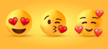 Smiling Face With Smiling Eyes And Three Hearts - In Love Face Emoticon - 3d Love Eyes Emoji, Smiling Emoticon Face With Heart Eyes - 3d Kiss Face, Kissing Face Emoji With Red Heart, Blowing A Kiss 