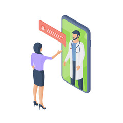 Wall Mural - Woman chatting with online doctor on smartphone