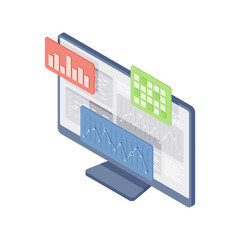 Wall Mural - cartoon computer monitor with charts. isometric illustration