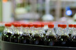 View of plastic bottles at bottling line at soft drinks factory