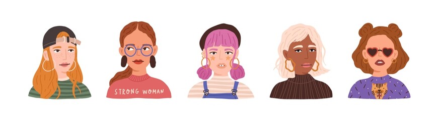 Sticker - Portraits of different young modern women and girls wearing cap, beret and glasses. Collection of stylish and fashion female avatars isolated on white background. Colored flat vector illustration