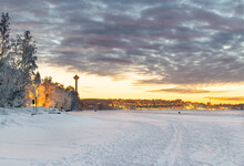 Sunset in winter in Tampere, Finland with observation tower Näsinneula