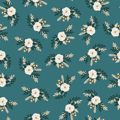 Wall Mural - White flowers bridal roses seamless vector pattern. Repeating retro romantic floral background teal blue. Ditsy flower pattern Scandinavian flat style for fabric, invitation, kids, wedding, nursery.