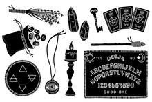 A Set Of Magical And Mystical Items For Fortune Telling And Spiritualism. Occult And Esoteric Subjects.