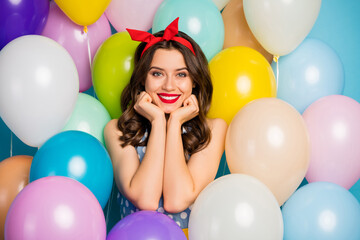 Poster - Portrait of charming nice prom student girl enjoy festive rest relax wear red lips stick dotted dress singlet headband tank-top on air balls baloons color background