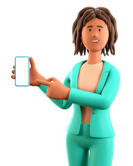 3D illustration of smiling african american woman holding smartphone and showing blank screen. Close up portrait of cartoon businesswoman pointing finger at empty display phone.