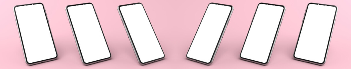 3D rendering of mockups Smartphones white screen on pink floor, Mobile phone lay down on the ground. Smartphones white screen can be used for commercial advertising, Isolated on pink background.