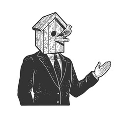 businessman with birdhouse head sketch engraving vector illustration. T-shirt apparel print design. Scratch board imitation. Black and white hand drawn image.