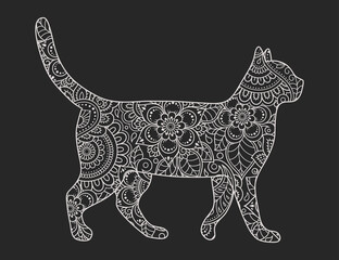 Cat made a floral pattern with Oriental ornaments. Hand drawn decorative animal in Doodle style. Stylized decoration of mehndi for tattoos, stamps, covers and books. Art is stylized chalk pattern.