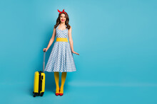 Full Length Body Size View Of Her She Nice Attractive Lovely Pretty Cheerful Wavy-haired Girl Carrying Suitcase Ready For New Adventure Isolated On Bright Vivid Shine Vibrant Blue Color Background