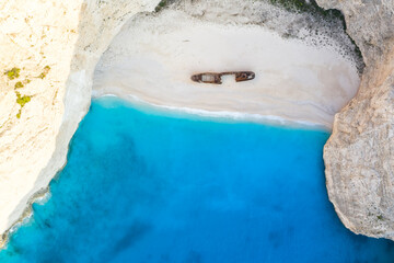 Canvas Print - Zakynthos island travel traveling beach vacation Greece shipwreck Navagio bay copyspace copy space background drone view aerial photo