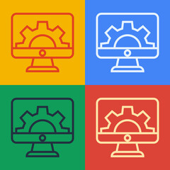 Pop art line Software, web development, programming concept icon isolated on color background. Programming language and program code on screen monitor. Vector.