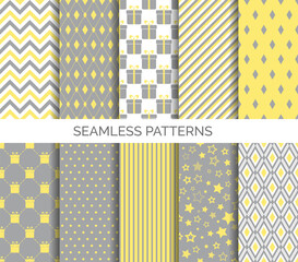 Wall Mural - Set of minimal seamless patterns in yellow and gray colors of the 2021 year. Abstract geometric vector backgrounds