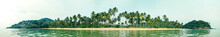 Tropical Beach Panorama Overlooking A Sandy Island With Palm Trees, Koh Chang, Thailand. Banner Nobody On The Beach