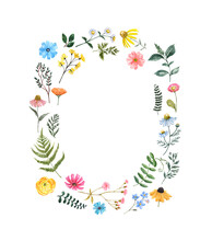 Long Wildflower Wreath Painting. Watercolor Hand Drawn Illustration. Cute Colorful Wild Flowers Graphic. Beautiful Summer Meadow Frame For Cards, Menu, Wedding Invites Design, Mother's Day.