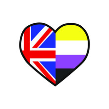 Vector Illustration Of The Heart Filled With The United Kingdom Flag And The Non-binary Pride Flag On White Background.