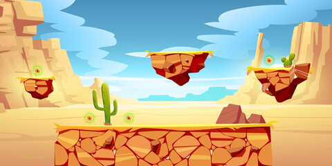 Wall Mural - game platform cartoon desert landscape, 2d ui design for computer or mobile. canyon with green cacti