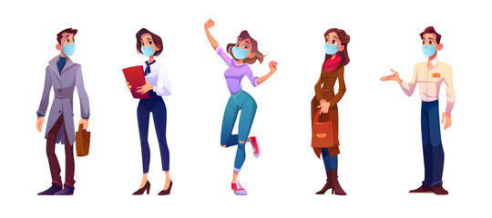 cartoon people in face masks, young men and women characters isolated set on white background, busin