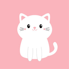 Canvas Print - White cat kitten kitty icon. Kawaii cute cartoon character. Funny happy face. Baby greeting card tshirt notebook cover template. Happy Valentines Day. Flat design. Pink background. Isolated.