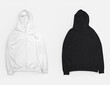 Set of white, black hoodie laid out, isolated on background, branded clothing with long sleeves, zipper closure, pockets.