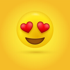 Wall Mural - 3d love eyes emoji, Smiling emoticon Face with Heart Eyes, happy smiley emoji with heart face, feelings emotion