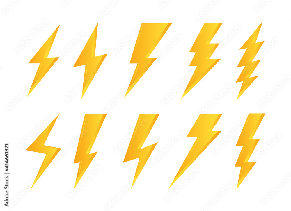 Set lightning bolt icons, Thunderbolt flat style, yellow flash thunder ...