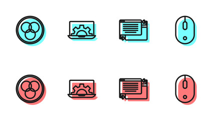 Set line UI or UX design, RGB and CMYK color mixing, Web development and Computer mouse icon. Vector.