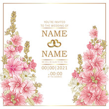 Wedding Template Romantic Women's Floral Card, Hollyhocks  Flowers