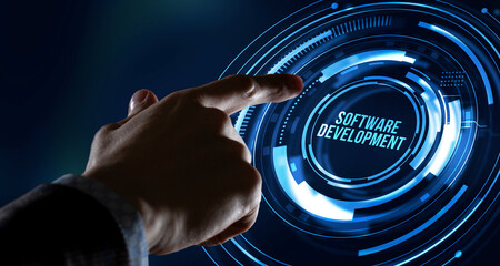 Internet, business, Technology and network concept. Inscription Software Development on the virtual display