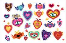 Mexican Sacred Hearts Set, Spirit Mystical Miracles Heart. Day Of The Dead Dia De Los Muertos Holiday. Vector Illustration
