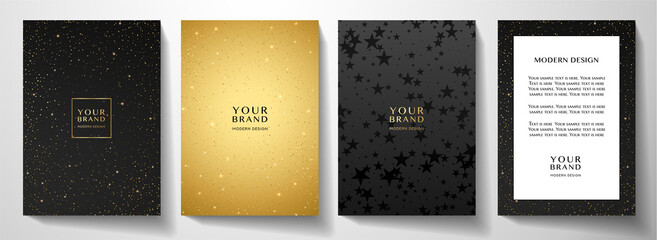 Wall Mural - Modern black and gold cover, frame design set. Luxury holiday star pattern with golden stars. Vector luxe  collection background. Background for notebook cover, business background, brochure template