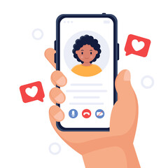 Video call concept. Communication via smartphone. Video call with a loved one. Hand with a smartphone. Vector flat cartoon illustration for websites and banners. Online chatting. Finger touch screen.