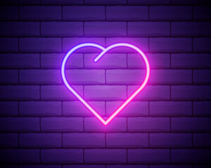 Wall Mural - Modern Neon Iridescent Glowing Heart Banner on Dark Empty Grunge Brick Background. Vector Vintage Purple Pink Blue Colored Heart Sign. Retro Neon Valentines Day Symbol