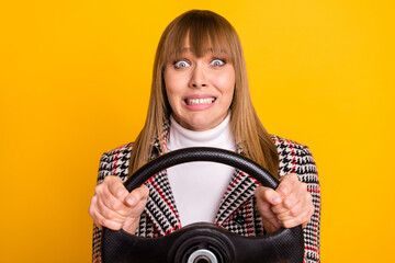 Canvas Print - Portrait of horrified person hands holding steer teeth grin look camera isolated on yellow color background