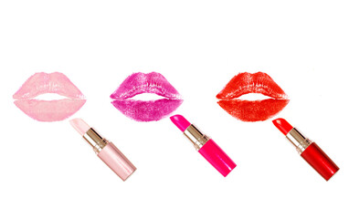 Different lipstick prints of  lips on white background