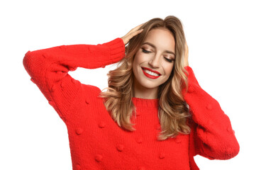 Poster - Happy young woman wearing red warm sweater on white background. Christmas celebration