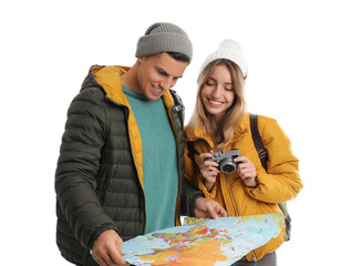 Sticker - Couple with map on white background. Winter travel