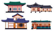 Hanok Buildings Isolated Vector Illustration Set. Traditional Korean House Design Element Collection. Ancient, Classic Asian Town In Cartoon Style.