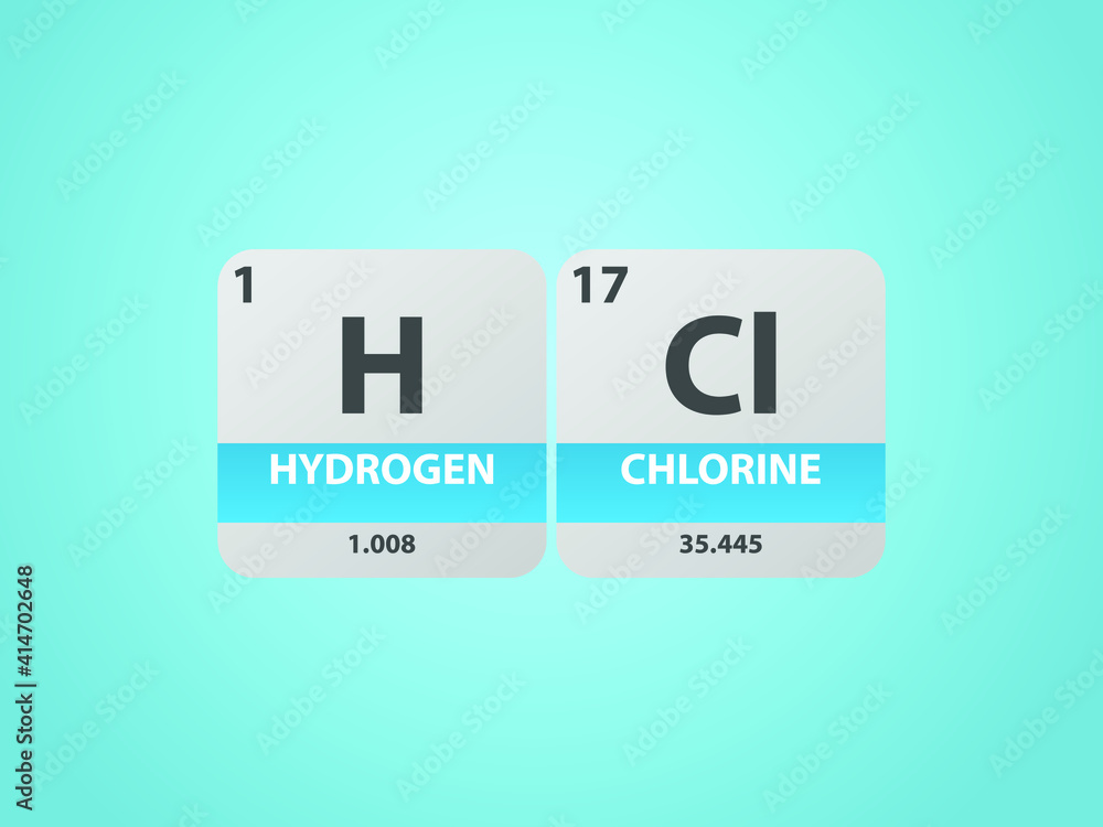 Hydrochloric acid hcl molecule. Simple molecular formula consisting of Hydrogen, Chlorine , elements. Chemical compound simplified structure on blue background, for chemistry education