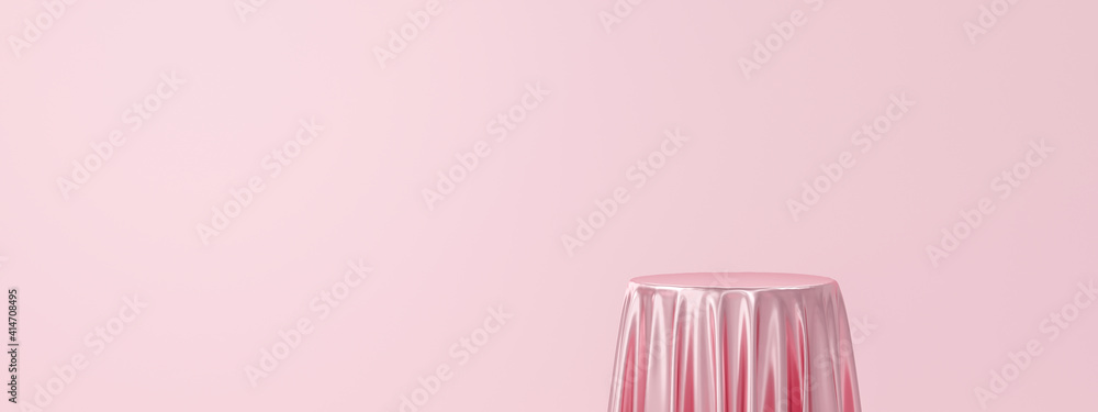 Pink product background stand or podium pedestal on empty display with luxury fabric backdrops. 3D rendering. - obrazy, fototapety, plakaty 