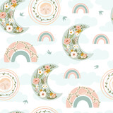Children's seamless pattern with spring rainbow, moon, sun, bird and flower in pastel colors. Cute texture for kids room design, Wallpaper, textiles, wrapping paper, apparel. Vector illustration