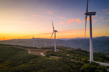 Drone aerial view of wind turbines eolic renewable energy in Fafe landscape, Portugal