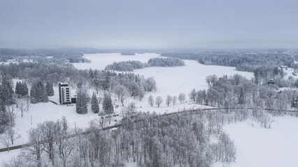 Wall Mural - Aerial shot of a ski resort on a winter day