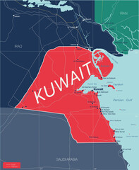 Sticker - Kuwait country detailed editable map with regions cities and towns, roads and railways, geographic sites. Vector EPS-10 file