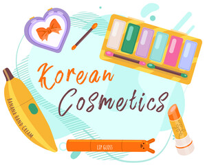 Wall Mural - Korean cosmetics skin care and beauty banner. Vector decorative cosmetics accessories. Beautiful poster with hand drawn doodle background. Skincare and Makeup. Beauty products fashion collection