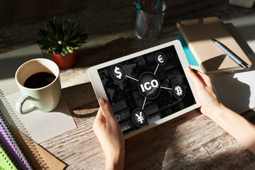 ICO - Initial coin offering. Blockchain and financial technology concept.