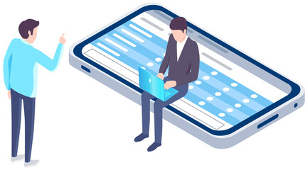 Application for studying. Man sits at smartphone screen with checklist. Expert analyzes schedule on screen and works on laptop. Business meeting concept. Colleagues discussing application on phone