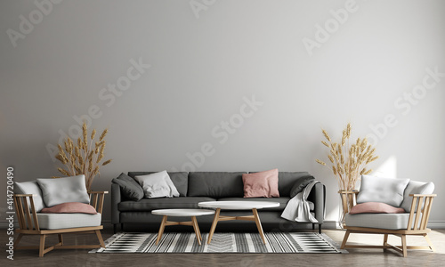 The minimal living room interior with tea table, plants and decor, Blue wall ...