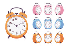 Twin Bell Alarm Clock Spring-driven Set. Traditional Wind Up Mechanical Desk Table Device For Home, Office. Vector Flat Style Cartoon Illustration Isolated, White Background, Different Colors And View