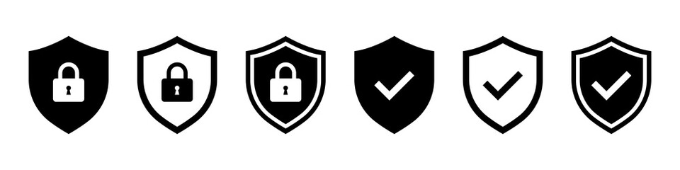 Wall Mural - Set of security shield icons, security shields logotypes with check mark and padlock. Security shield symbols. Vector illustration.